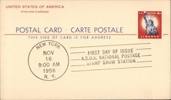 First Day Issue. A.S.D.A. National Postage Stamp Show Station. Nov 16 1956 Postcard