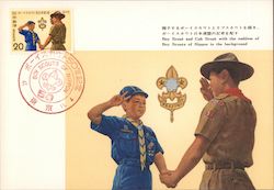 Boy Scout and Cub Scout with the Emblem of Boy Scouts of Nippon in the background Postcard
