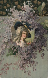 Pure Love - A woman in an ornate hat surrounded by lilacs Postcard