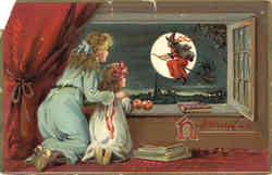 Tuck Halloween Children, Witch on Broom Postcard