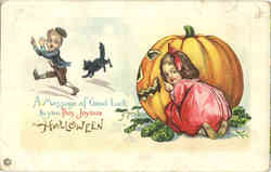 Halloween Postcard Children, Pumpkin, Cat Postcard Postcard