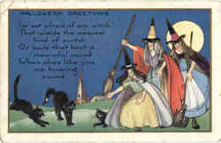 Halloween Greetings Witches, Cats Postcard