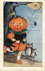 Halloween Postcard: Pumpkin Head Children, Owls Postcard