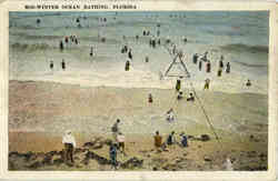 Mid-winter ocean bathing at beach Postcard