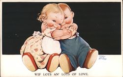 Wif lots an' lots of love - a chubby boy and girl are hugging each other Postcard