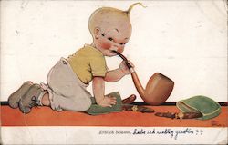 German Children smoking on a pipe Postcard