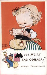 Meet ame at the corner/ rendez-vous au coin! - A girl h9olds a post card above a cartoon of a mailman Children Postcard Postcard Postcard