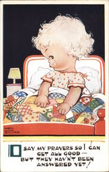 Say my prayers so I can get all good, but they haven't been answered yet! - A girl under patchwork quilt crying Children Postcar Postcard