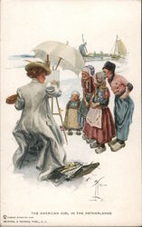 An American Girl in the Netherlands - A woman paints while Dutch children watch her Harrison Fisher Postcard Postcard Postcard