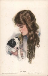 All Mine - A woman with curls looks down lovingly at the puppy she is holding Postcard