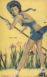 What Hoe - A woman is gardening and the wind has unbuttoned her romper Arcade Card