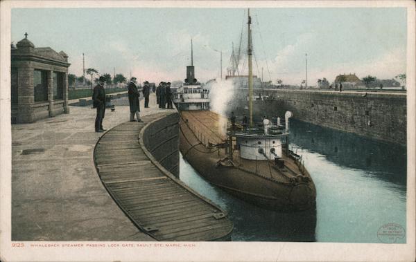 Whaleback Steamer passing Lock Gate Sault Ste. Marie Michigan