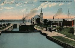 Both Locks from Northwest Corner Soo, MI Postcard Postcard Postcard