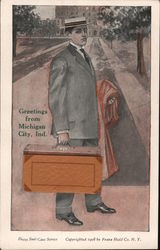 Greetings from Michigan City, Ind. (water color of man dressed professionally with a suitcase) Postcard