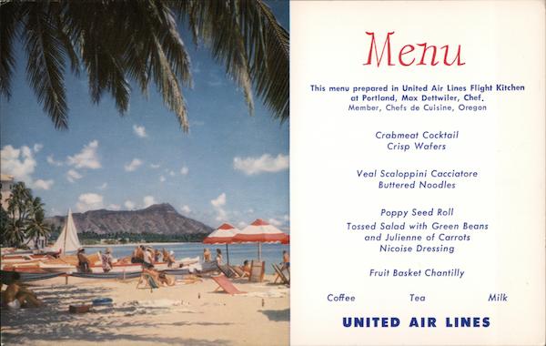 Menu for United Air Lines Flight Kitchen Airline Advertising