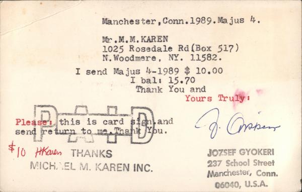 Michael M. Karen Receipt Postal Postal Cards & Correspondence