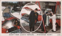 "WINTERIZE NOW!" - illustrated ad of broken down car, promoting a local service station Postcard
