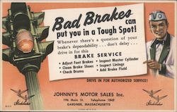 Tough Spot?' Johnny's Motor Sales Brake Service ad Gardner, MA Gas Stations Postcard Postcard Postcard