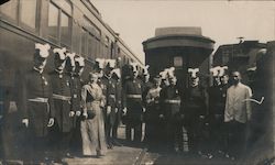 Women Pose with Uniformed Men Beside Train Cars Original Photograph