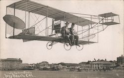 Two Men in an Antique Aircraft Over Long Beach Postcard