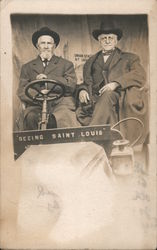 Two Men Posing in an Antique Car Labeled "Seeing St. Louis" Postcard