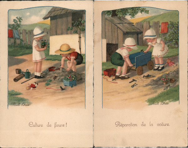 Set of 2: French, Children Girl & Boy Playing with Toys