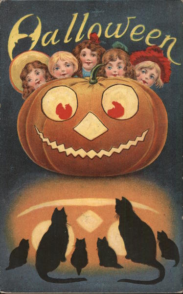 Children Staring Over Jack-o-Lantern Halloween