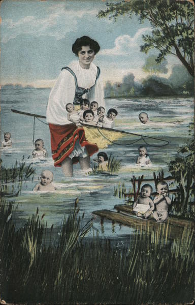 Woman fishing in a lake filled with Multiple Babies