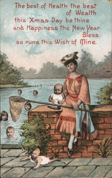Woman on Dock, Fishing with Multiple Babies