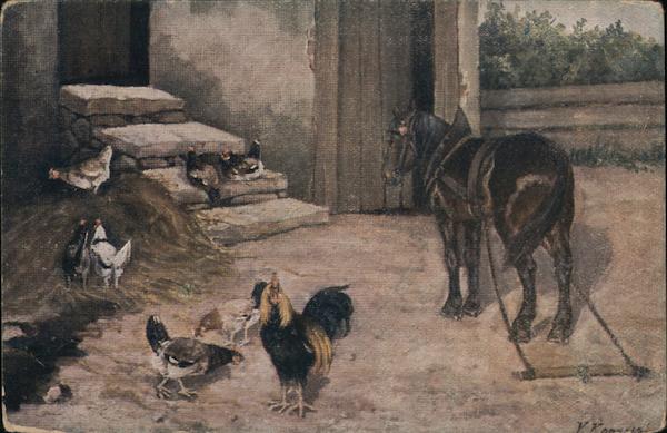Horse & Chickens in Barnyard Birds