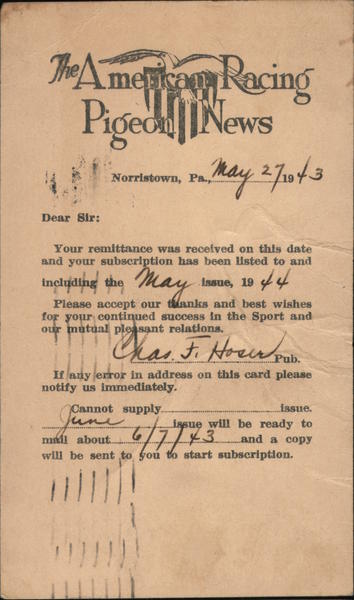 The American Racing Pigeon News Subscription Notice