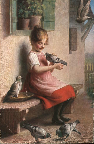 Young Girl with Pigeons Birds