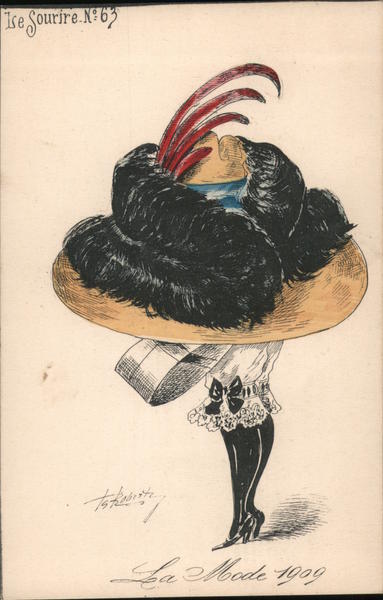 Woman with Big Tan Hat with Fur and Feathers Hats