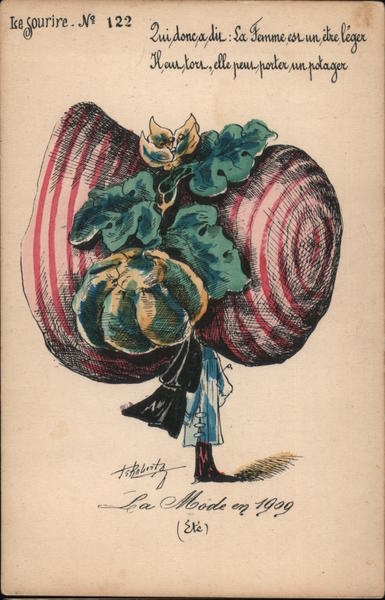 Woman with Big Pink and White Striped Hat with Leaves