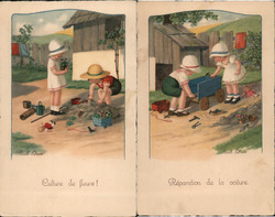 Set of 2: French, Children Girl & Boy Playing with Toys Postcard