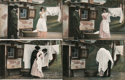 Set of 4: Man & Woman Laundry Clothesline Romance Postcard