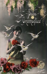 Buon Onomastico - A Woman and Birds Art Deco Postcard