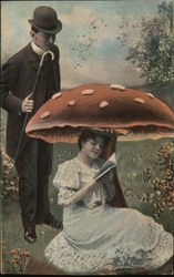 A Man Watch a Woman as She Read Under a Mushroom Postcard