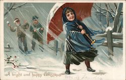A Bright and Happy Christmas Woman with Umberlla Postcard