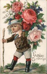 Birthday Greetings - A Boy And His Flowers Postcard