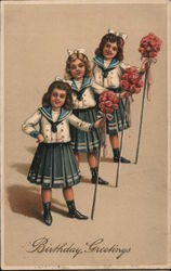 Birthday Greetings - Three Girls And Flowers Postcard