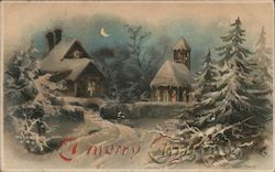 A Merry Christmas -Snow, Houses And Trees Postcard