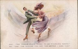 A Man And a Woman Roller Skating Postcard