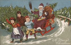 Children Pulling Santa in Sled with Bundle of Switches Postcard