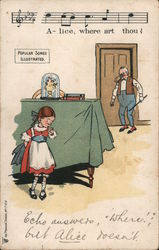 "A-lice, where art thou?" Girl hiding from father who wants to spank her. Postcard