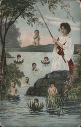 Woman Fishing for Multiple Babies in Lake Postcard