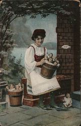 woman holds a bucket filled with Multiple Babies Postcard
