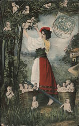 Woman harvesting multiple babies in a tree Postcard