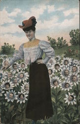 Woman in a Daisy Field of Multiple Babies Postcard