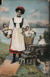 Woman with Baskets of Multiple Babies Postcard